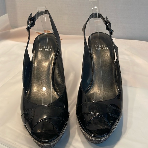 Stuart Weitzman wedges women’s Sz 8M Black open toe made‎ in Spain sling back - Picture 1 of 15